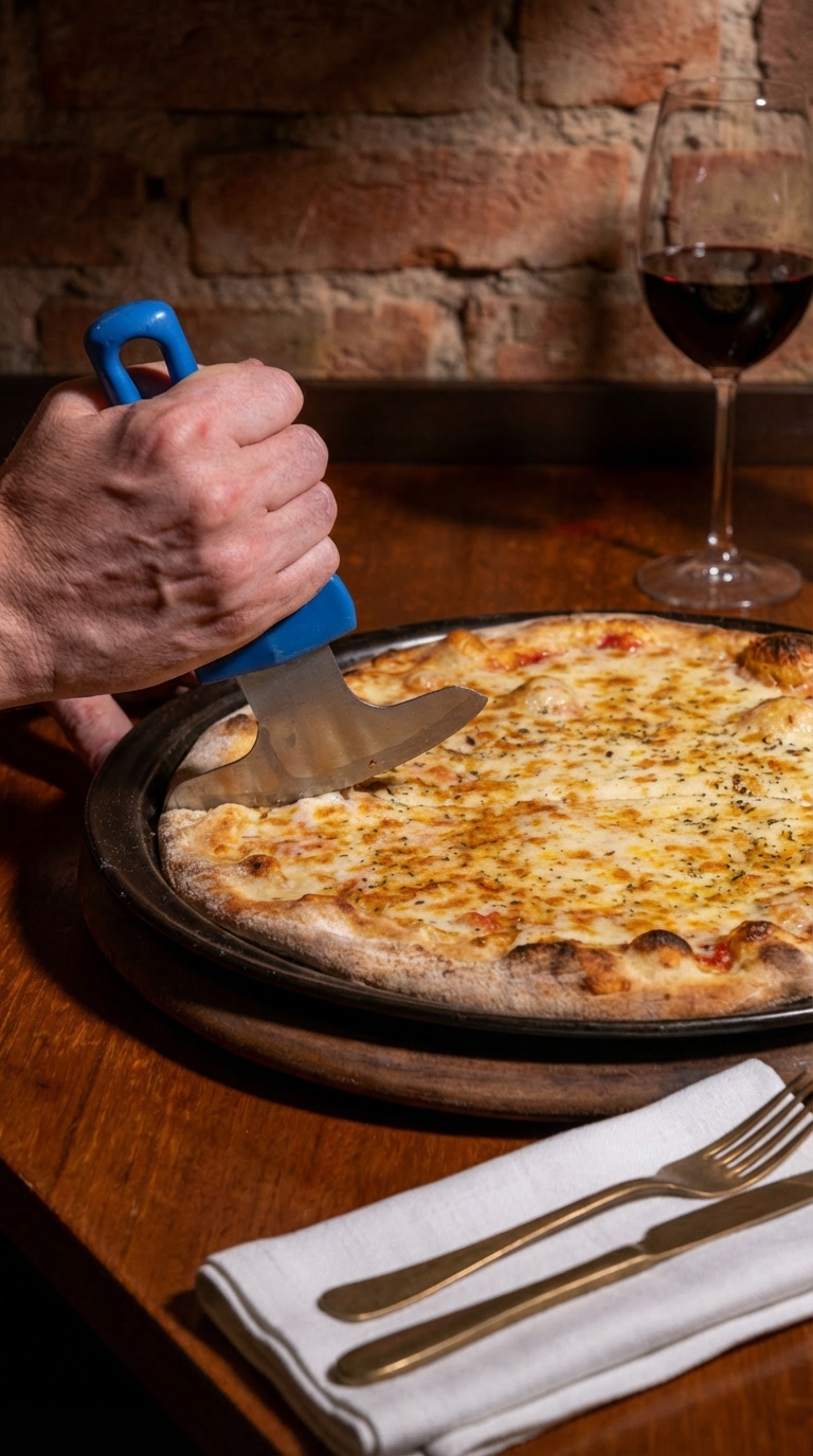 Pizza artesanal Atobá sendo cortada, mostrando a massa de longa fermentação